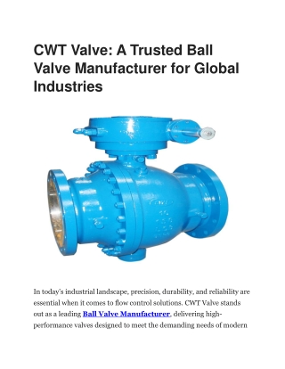 CWT Valve – Trusted Ball Valve Manufacturer for Industrial Flow Control