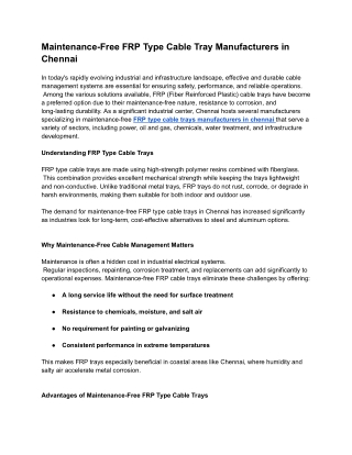 Maintenance-Free FRP Type Cable Tray Manufacturers in Chennai