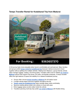 Tempo Traveller Rental for Kodaikanal Trip from Madurai