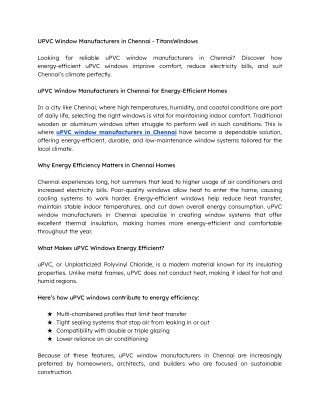 uPVC Window Manufacturers in Chennai for Energy-Efficient Homes