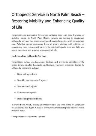 Orthopedic Service in North Palm Beach – Restoring Mobility and Enhancing Quality of Life