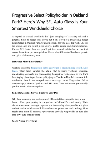 Progressive Select Policyholder in Oakland Park Here’s Why SFL Auto Glass Is Your Smartest Windshield Choice