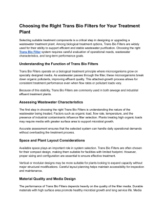 Choosing the Right Trans Bio Filters for Your Treatment Plant