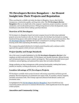 TG Developers Review Bangalore – An Honest Insight into Their Projects and Reputation