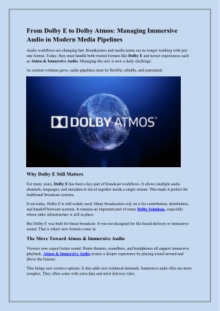 From Dolby E to Dolby Atmos- Managing Immersive Audio in Modern Media Pipelines