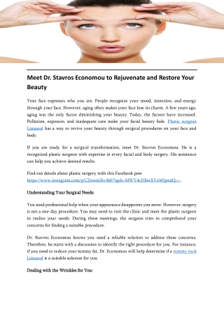 Meet Dr. Stavros Economou to Rejuvenate and Restore Your Beauty