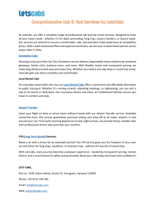 Comprehensive Cab & Taxi Services by LetsCabs