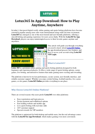 Lotus365 In App Download- How to Play Anytime, Anywhere