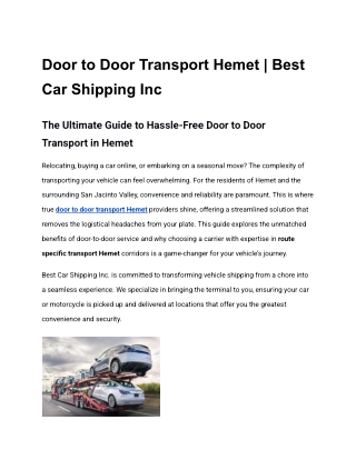 Door to Door Transport Hemet by Best Car Shipping Inc