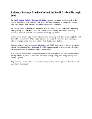 Refinery Revamp Market Outlook in Saudi Arabia Through 2030