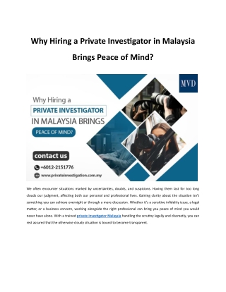 Why Hiring a Private Investigator in Malaysia Brings Peace of Mind