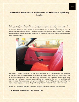 Gain Holistic Restoration or Replacement With Classic Car Upholstery Service