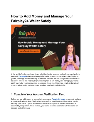How to Add Money and Manage Your Fairplay24 Wallet Safely