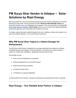 PM Surya Ghar Vendor in Udaipur –  Solar Solutions by Rizel Energy