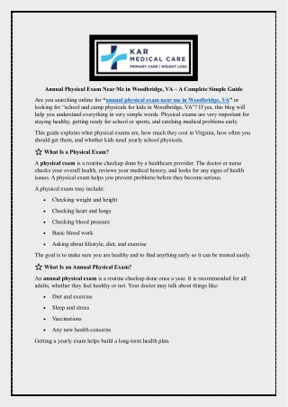 Annual Physical Exam Near Me in Woodbridge, VA – A Complete Simple Guide