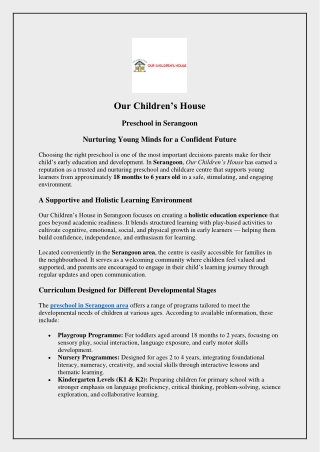 Our Children’s House - Preschool in Serangoon
