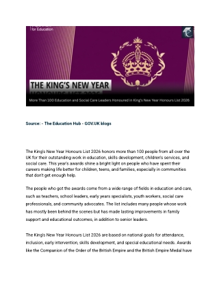 More Than 100 Education and Social Care Leaders Honoured in King’s New Year Honours List 2026