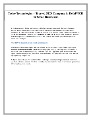 Tycho Technologies – Trusted SEO Company in Delhi/NCR for Small Businesses