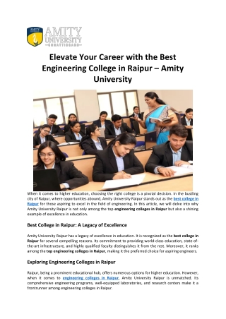 Elevate Your Career with the Best Engineering College in Raipur – Amity University