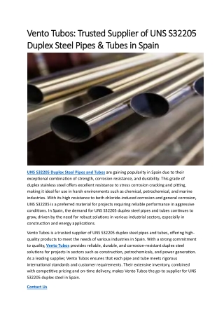 Vento Tubos: Trusted Supplier of UNS S32205 Duplex Steel Pipes & Tubes in Spain