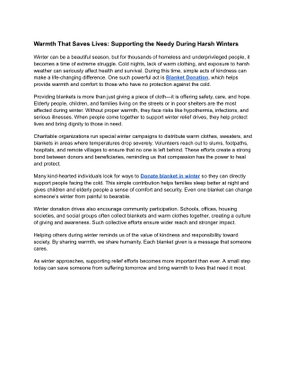 Warmth That Saves Lives: Supporting the Needy During Harsh Winters