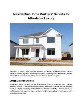 Residential Home Builders' Secrets to Affordable Luxury