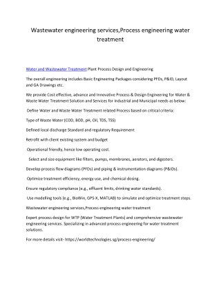 Wastewater engineering services,Process engineering water treatment