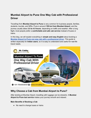 Mumbai Airport to Pune One Way Cab with Professional Driver – Complete Guide for Indian Travelers