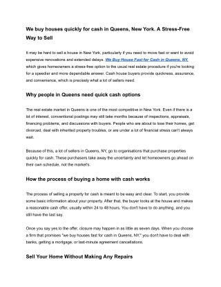 We Buy House Fast for Cash in Queens, NY