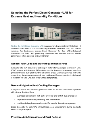 Selecting the Perfect Diesel Generator UAE for Extreme Heat and Humidity Conditions