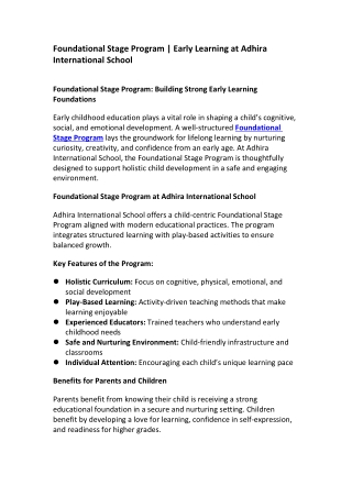 Foundational Stage Program – Adhira International School | Nursery to Grade 2