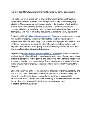 Fire Exit Door Manufacturers in Chennai _ Emergency Safety Door Experts