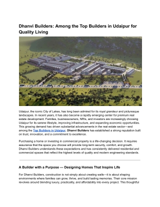 Dhanvi Builders: Among the Top Builders in Udaipur for Quality Living