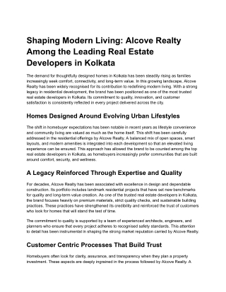 Shaping Modern Living Alcove Realty Among the Leading Real Estate Developers in Kolkata