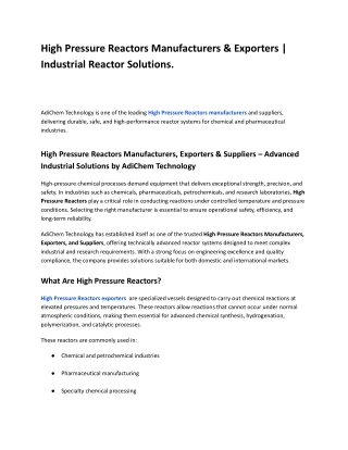 High Pressure Reactors Manufacturers & Exporters _ Industrial Reactor Solutions
