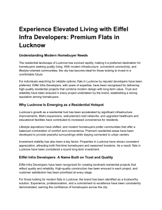 Experience Elevated Living with Eiffel Infra Developers Premium Flats in Lucknow