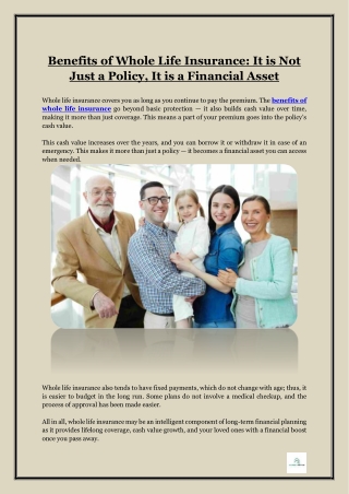 Benefits of Whole Life Insurance- It is Not Just a Policy, It is a Financial Asset