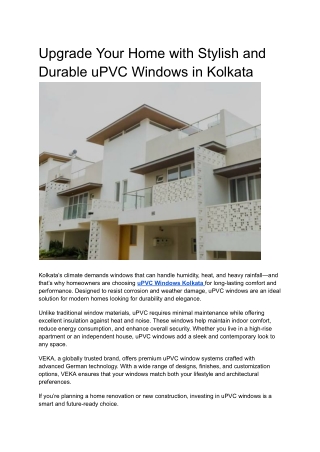 Upgrade Your Home with Stylish and Durable uPVC Windows in Kolkata