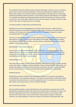 MG Machinery and the Advancement of Global Plastic Recycling Solutions