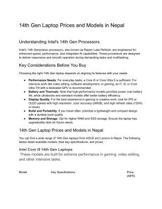 14th Gen Laptop Prices and Models in Nepal