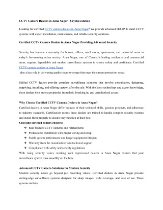 Certified CCTV Camera Dealers in Anna Nagar Providing Advanced Security