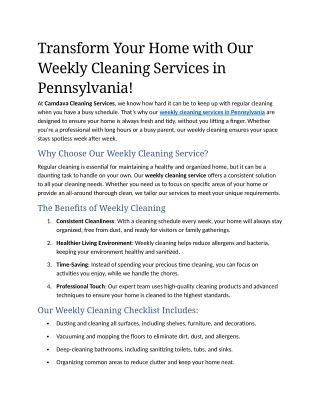 1- Transform Your Home with Our Weekly Cleaning Services in Pennsylvania!