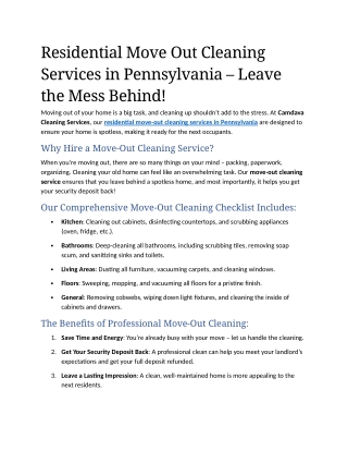 4- Residential Move Out Cleaning Services in Pennsylvania – Leave the Mess Behind!