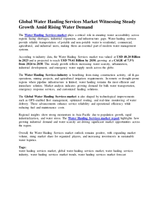 Global Water Hauling Services Market Witnessing Steady Growth Amid Rising Water Demand