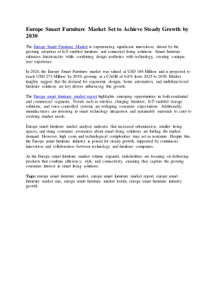 Europe Smart Furniture Market Set to Achieve Steady Growth by 2030