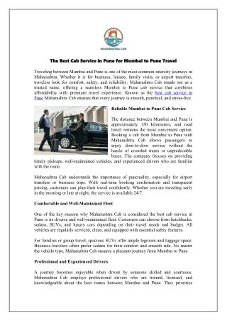 The Best Cab Service in Pune for Mumbai to Pune Travel