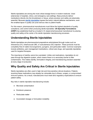Sterile Injectables- Ensuring Quality and Safety in Pharmaceutical Manufacturing