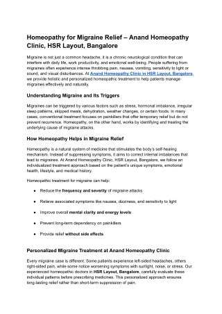 Homeopathy for Migraine Relief – Anand Homeopathy Clinic, HSR Layout, Bangalore