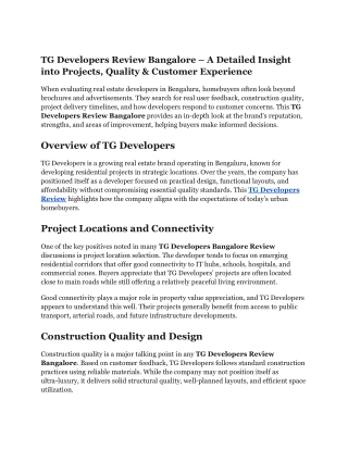 TG Developers Review Bangalore – A Detailed Insight into Projects, Quality & Customer Experience