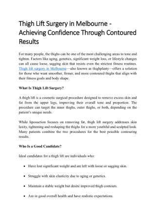 Thigh Lift Surgery in Melbourne  - Achieving Confidence Through Contoured Results